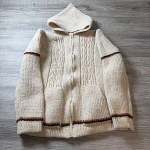 Hand Knit Wool Cardigan Mens medium Cream Striped Zip Hooded 1980s VTG Sweater